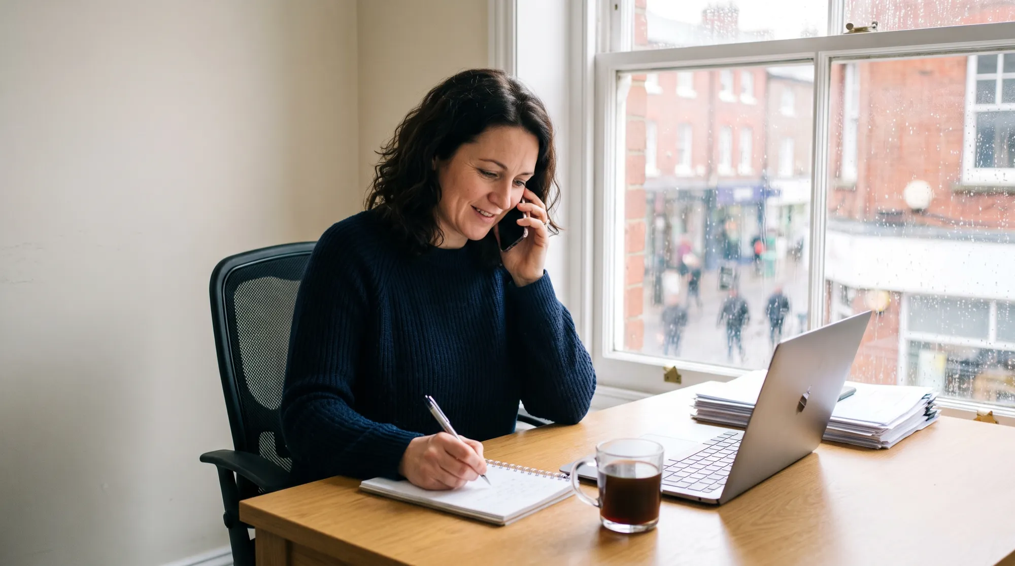 A mortgage adviser on the phone at her desk, taking notes beside an open laptop.