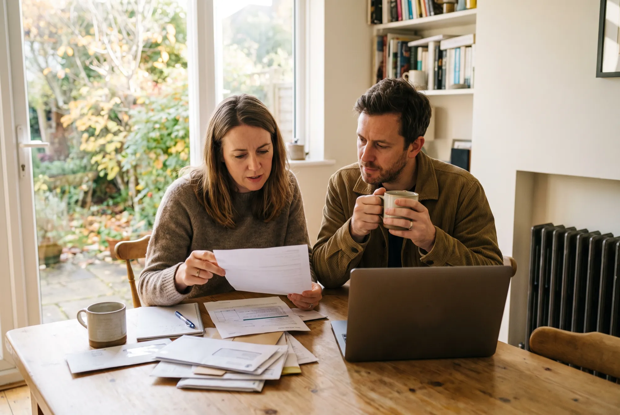 A couple at their kitchen table going through mortgage paperwork with a laptop open.