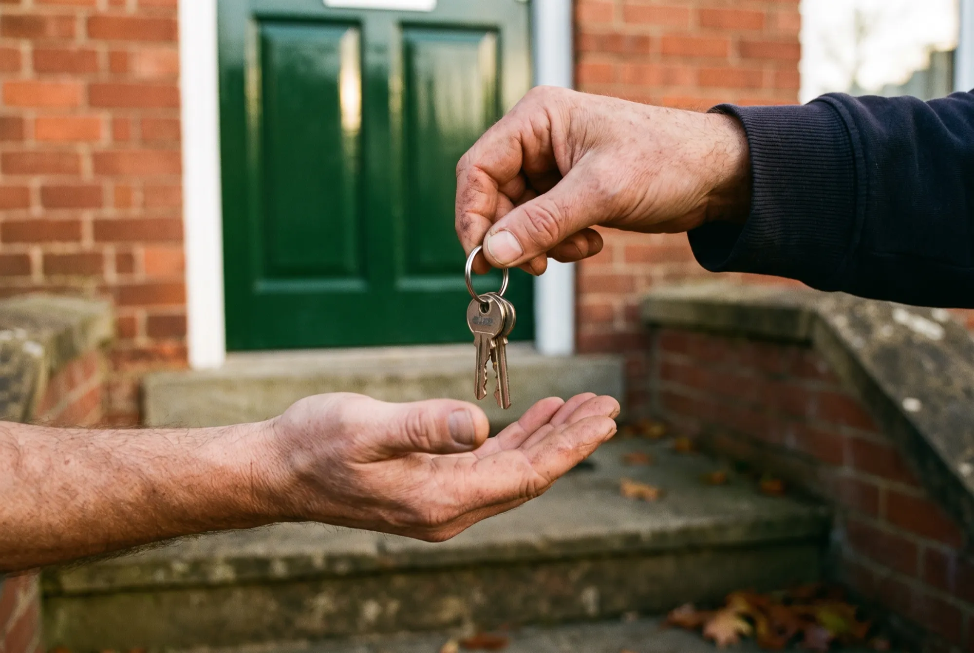 House keys passed into an open hand on a red-brick doorstep.