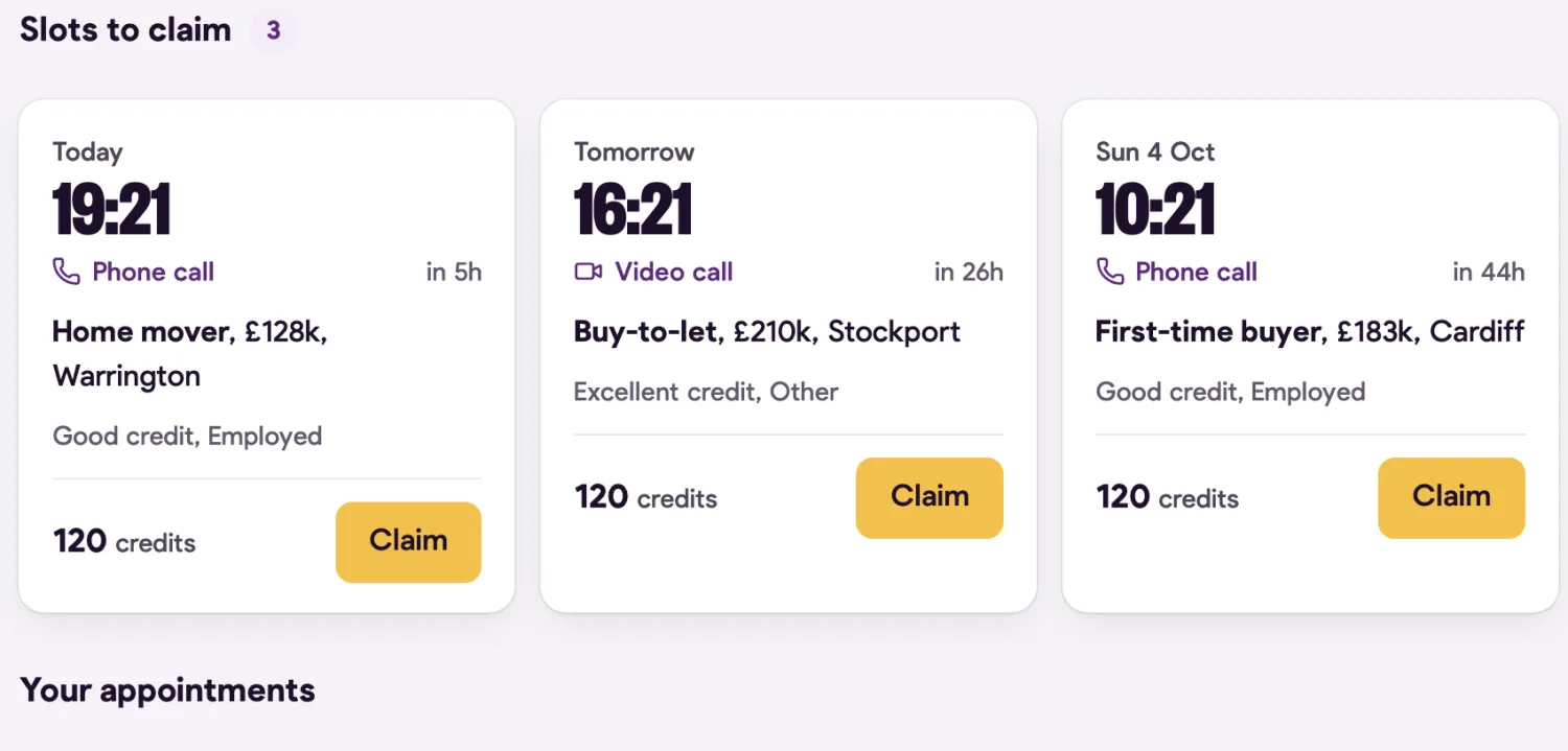 Appointment slots ready to claim, each with the date, time, call type, loan size, credit profile and a claim button.