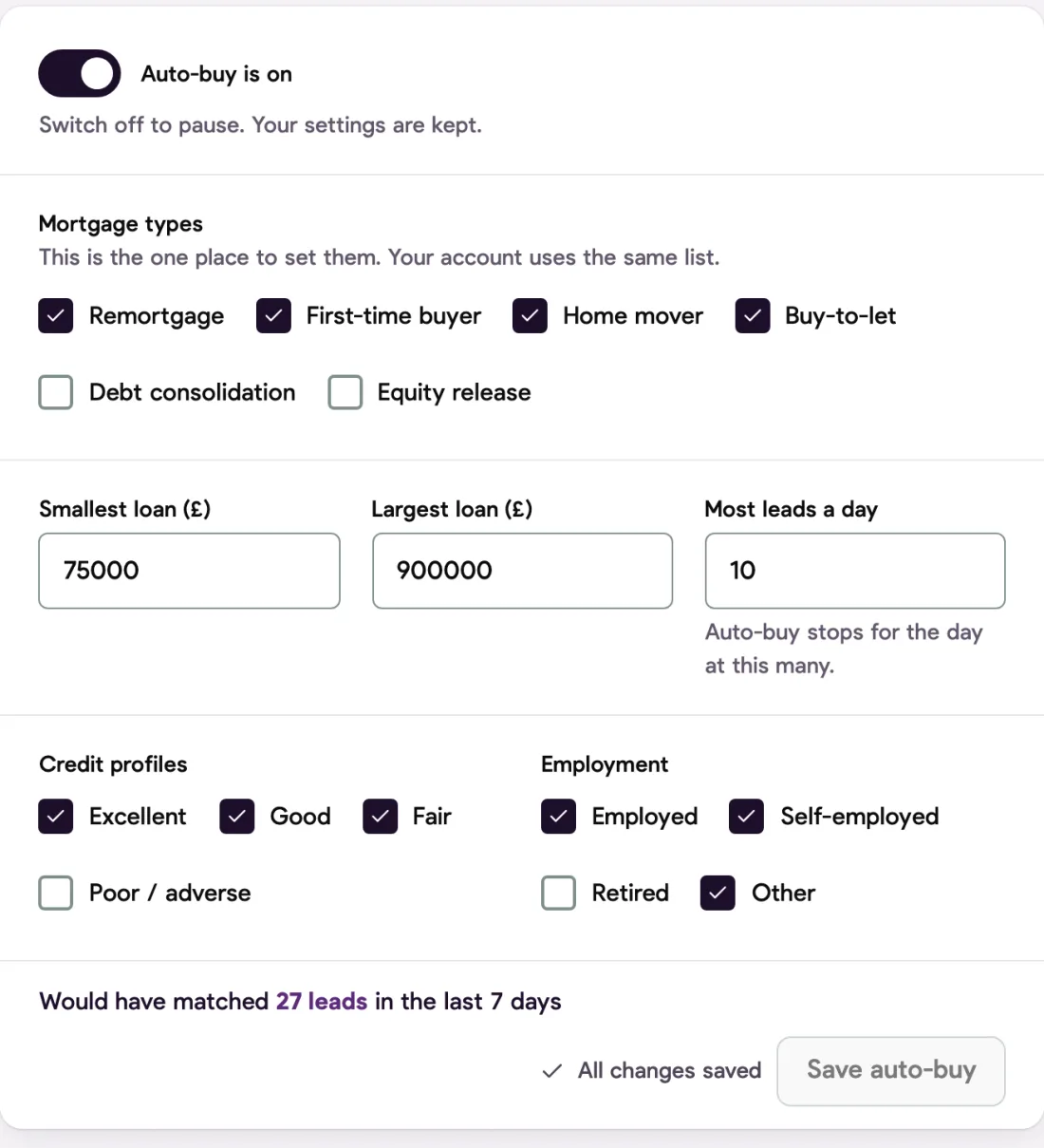Auto-buy settings: mortgage types, loan range, daily cap, credit and employment.