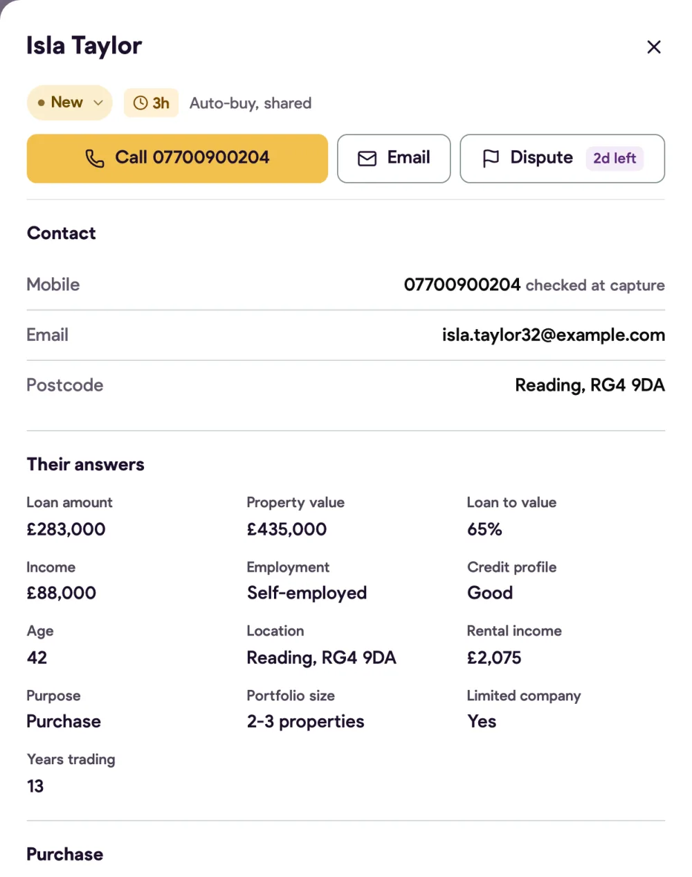 The same kind of lead after buying, in My leads: name, phone number, email and postcode unlocked, call, email and dispute buttons, and all of the client's answers.