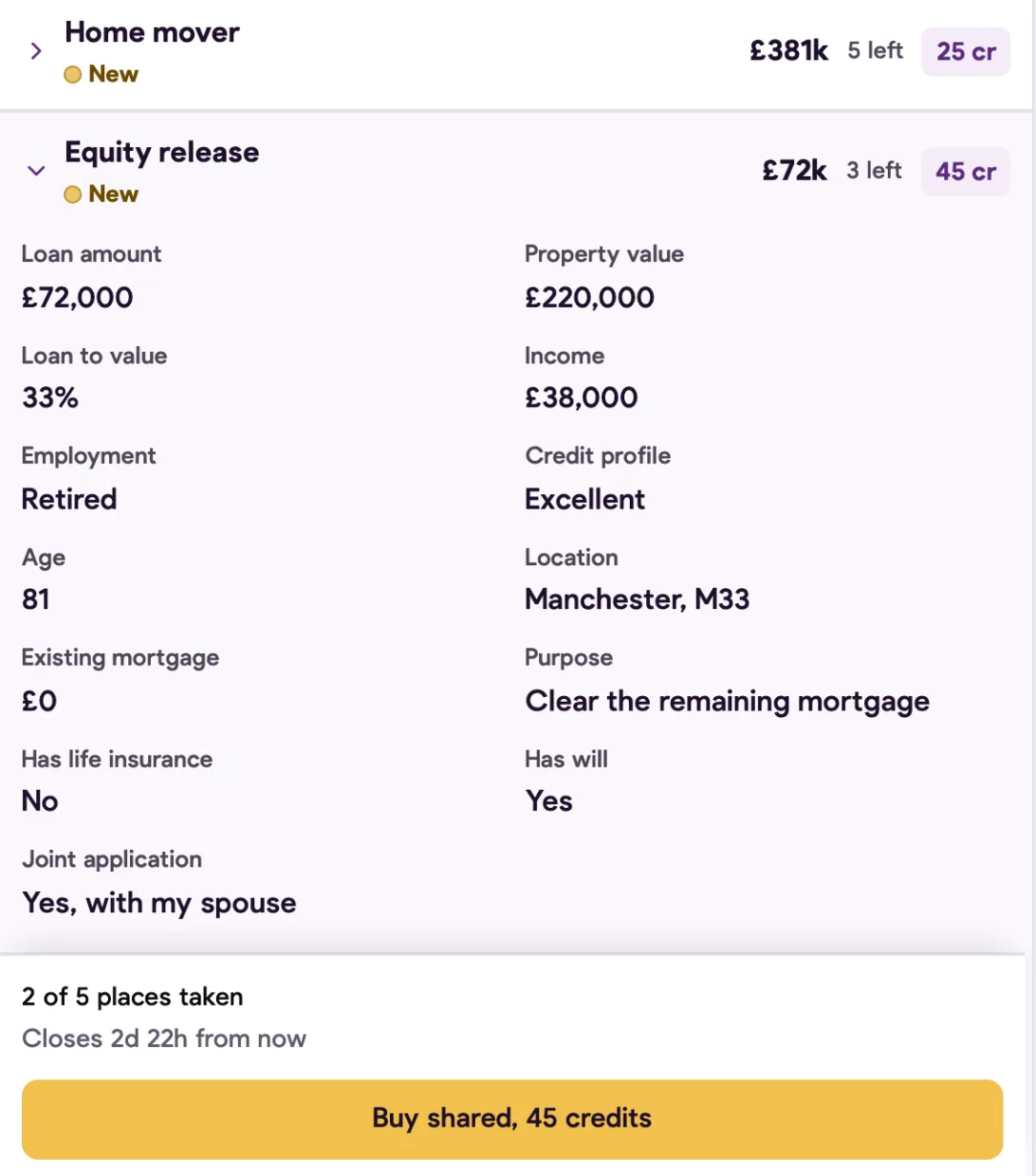 One lead before buying, opened in the marketplace: loan amount, property value, loan to value, income, employment, credit profile and age, with 2 of 5 places taken and a Buy shared button.