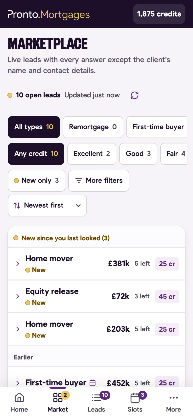 The marketplace on a phone: an open lead with its loan amount, property value, loan to value, income and price in credits.